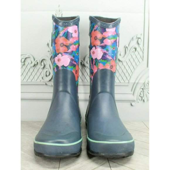 Bogs Pansies Blue Rubber Pull On Floral Waterproof Rain Boots Size 4 Youth - Picture 4 of 9